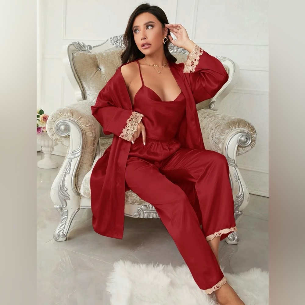 Red 3-piece Sets Silk Satin Cami Top & Pants With Robe Pajama Set